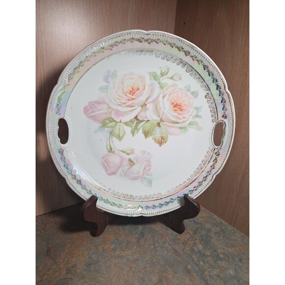 Antique Cabbage Rose on Green Luster Molded Double Handle German Porcelain Plate - Picture 6 of 11